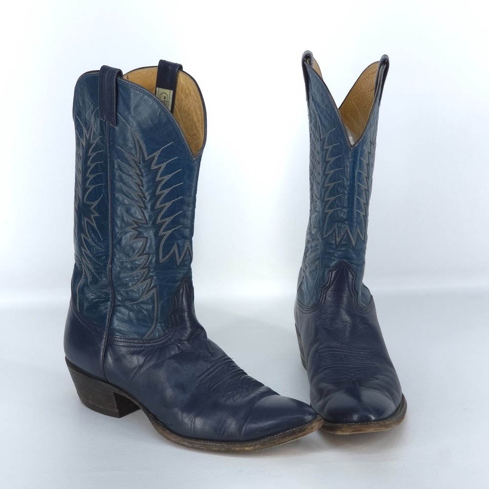 Nocona Vintage Deertan Cowboy Boots 13 B Blue Leather Western Embroidered 0017C